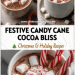 Two cups of hot cocoa with marshmallows and candy canes served as Christmas hot chocolate.